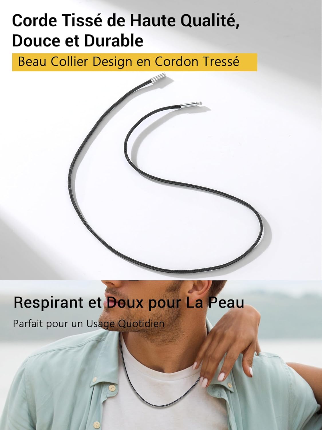 Thumbnail 1 de PROSTEEL Chaîne Collier Homme Cuir Noir – Cordon simili-cuir 2 mm, longueur 41–76 cm, fermoir acier inoxydable