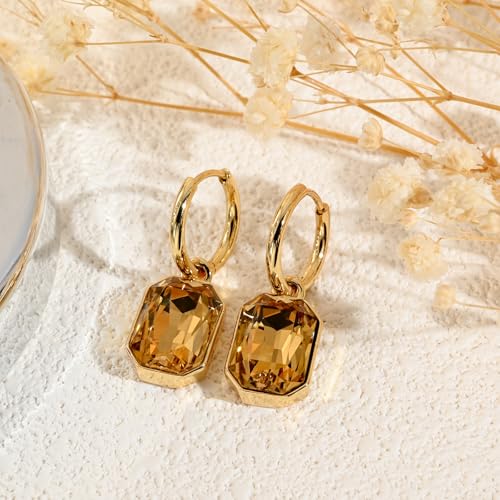 Detalle de Aliyoham Citrine Geometric Hoop Earrings – 14K Gold Plated Hypoallergenic Dangle Jewelry