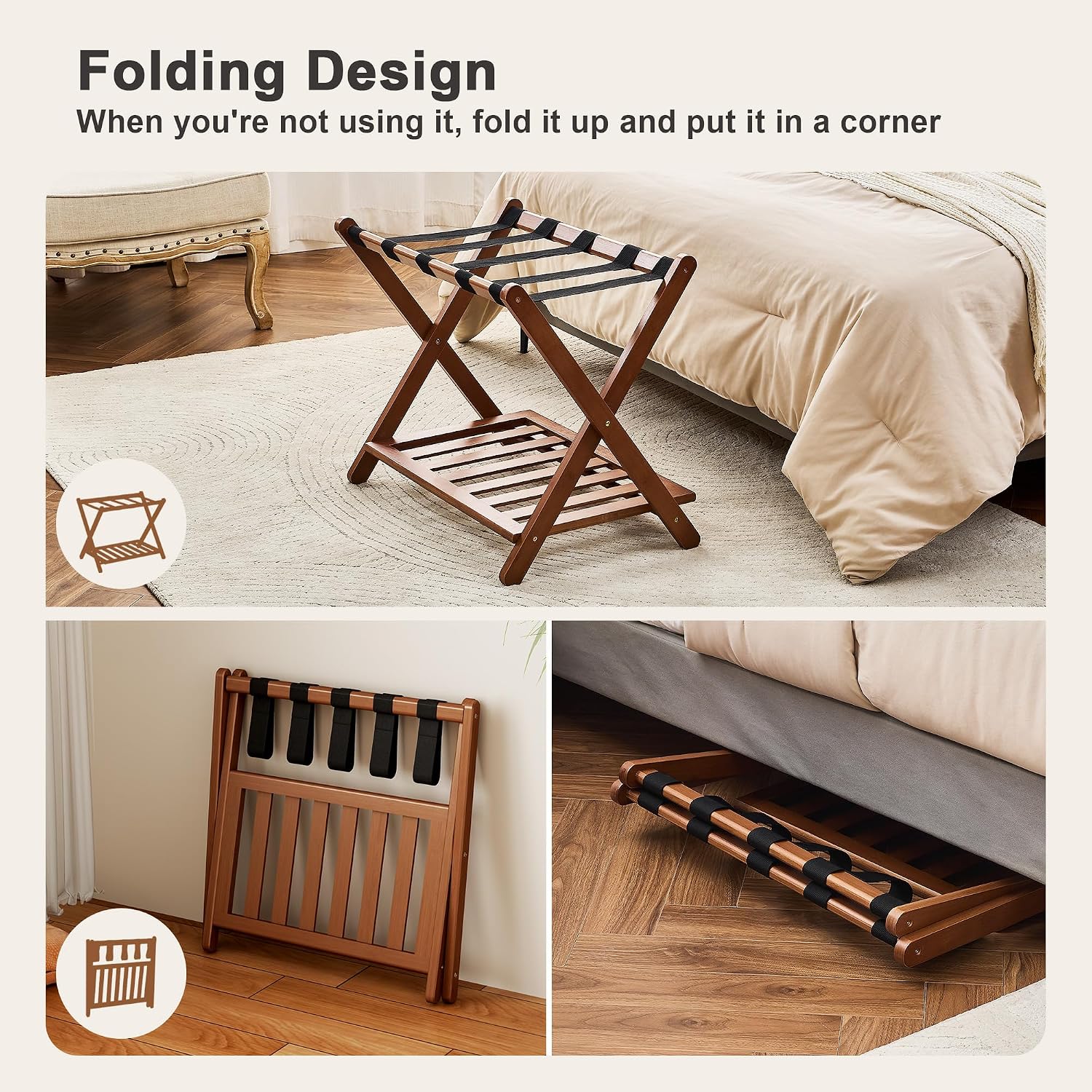 Thumbnail 4 de oakvivo Walnut Bamboo Luggage Racks, Set of 2, Folding Two-Tier Stands