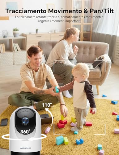 Detalle 2 de WOLFANG WS03: Telecamera Wi‑Fi Interna 2K (3MP) con Tracciamento 360°, Audio Bidirezionale e Visione Notturna