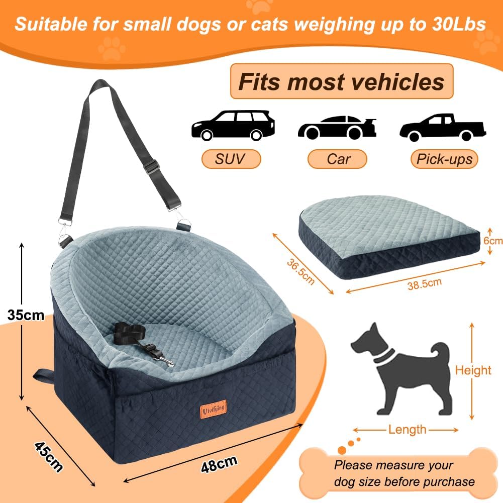 Detalle 2 de Vivifying Hundeautositz mit abnehmbarer & waschbarer Sitzerhöhung, Sicherheitsgurt, Grau (für Hunde bis 11,3 kg)