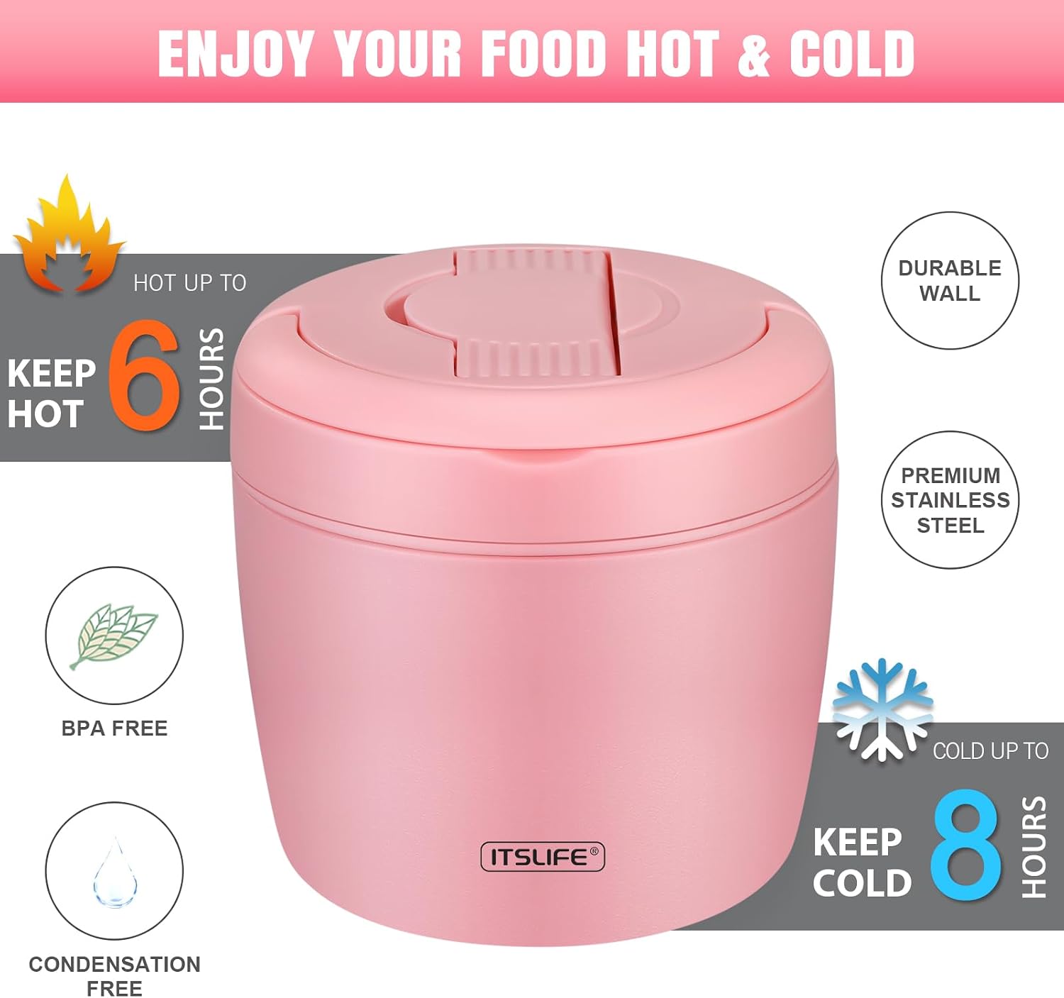 Thumbnail 2 de Itslife Thermobehälter für Essen 970 ml – Thermoschüssel mit Deckel, Warmhaltebehälter aus Edelstahl mit Löffel (rosa)
