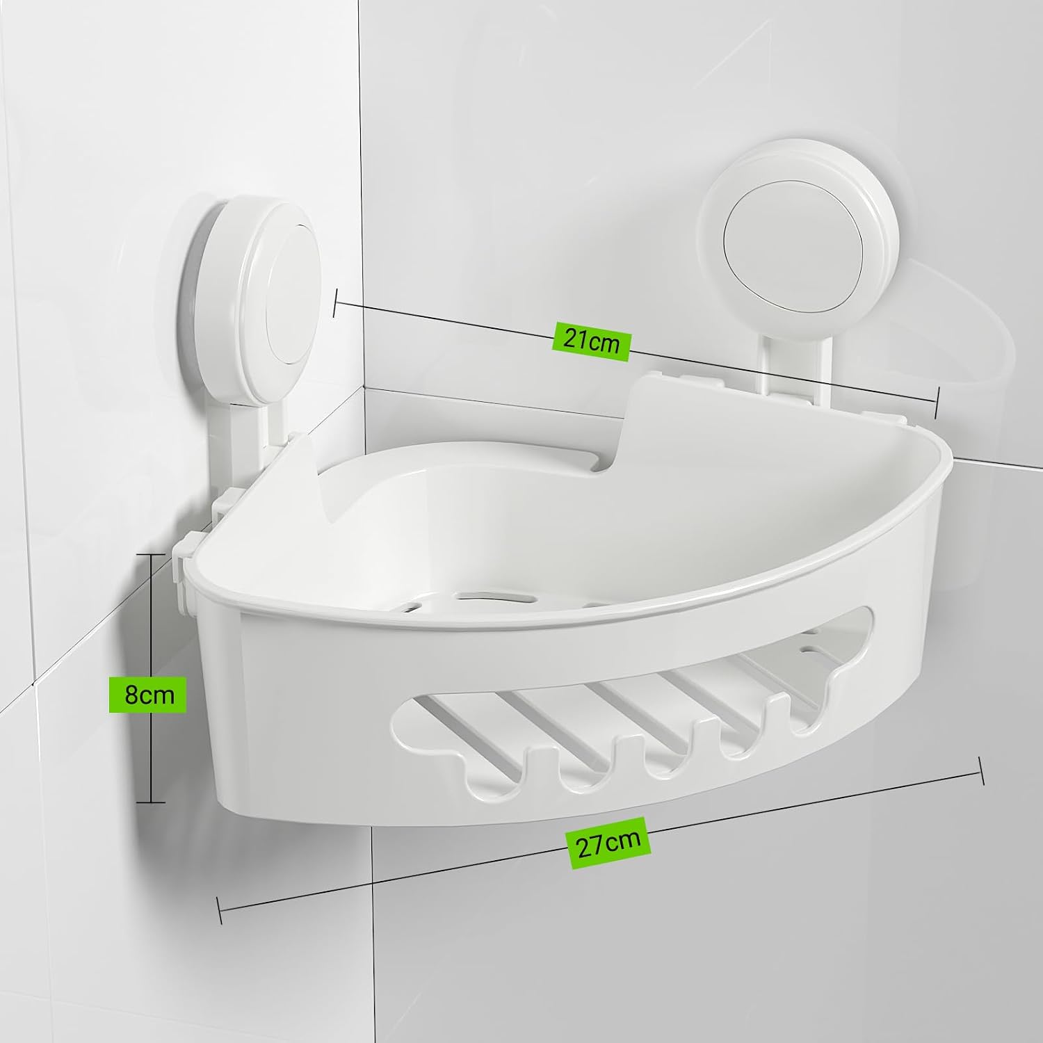 Detalle 2 de ilikable Corner Shower Caddy Vacuum Suction Cup Organizer (Milky White) – No Drilling, Removable Shelf with Hooks