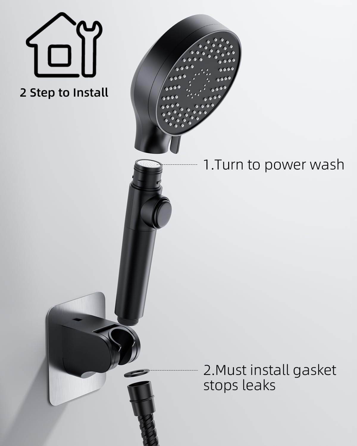 Detalle 2 de FOCSPROD HS004-Black-P RV Shower Head, 5 Modes, 60-Inch Stainless Steel Hose