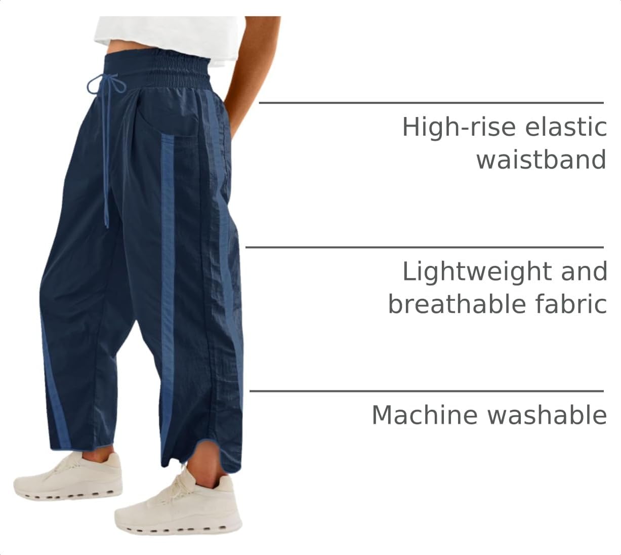 Detalle 2 de Fisoew Women's Baggy Wide Leg Pants – Casual Drawstring Elastic Waist, Contrast Color Track Pants