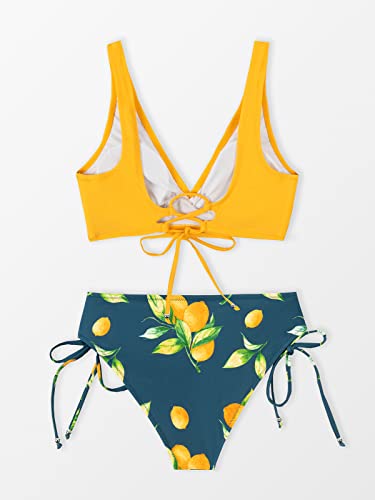 Detalle de CUPSHE Damen Bikini-Set Wickeloptik mit Blumenmuster – Zitronengelb, Low Rise S