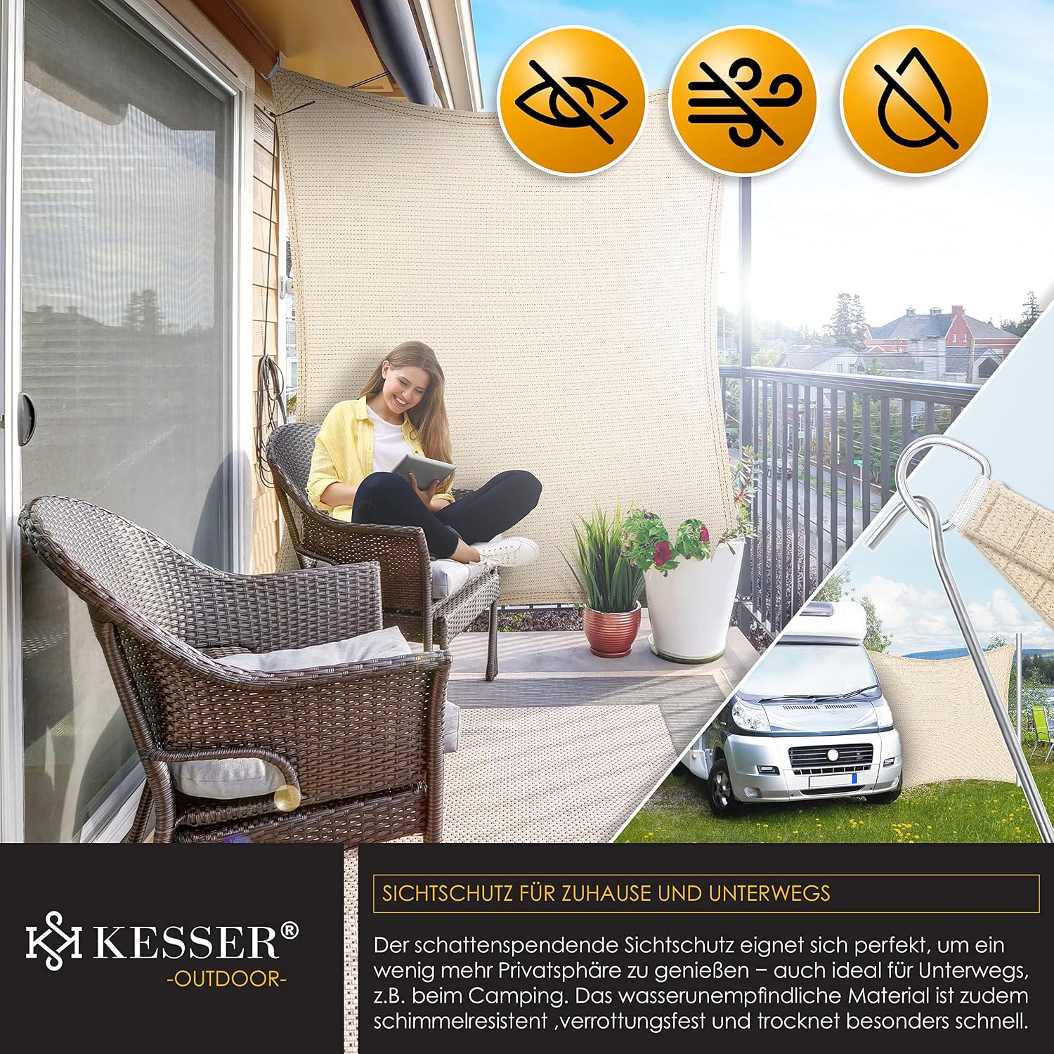 Detalle de KESSER Sonnensegel 2x4 m: HDPE-Gewebe, wasserabweisend & windabweisend, Rechteck – Creme