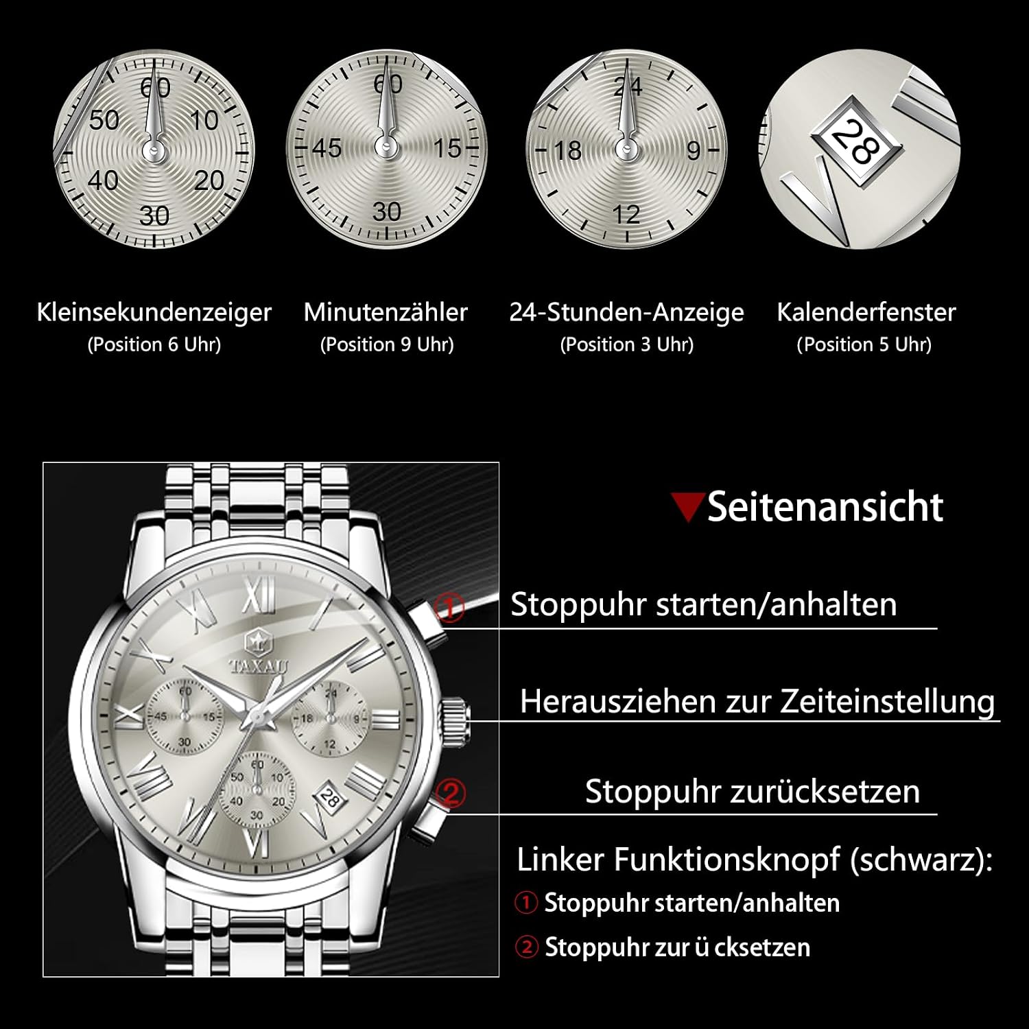 Detalle de Taxau Multifunktions-Chronograph für Herren aus Edelstahl mit römischem Zifferblatt