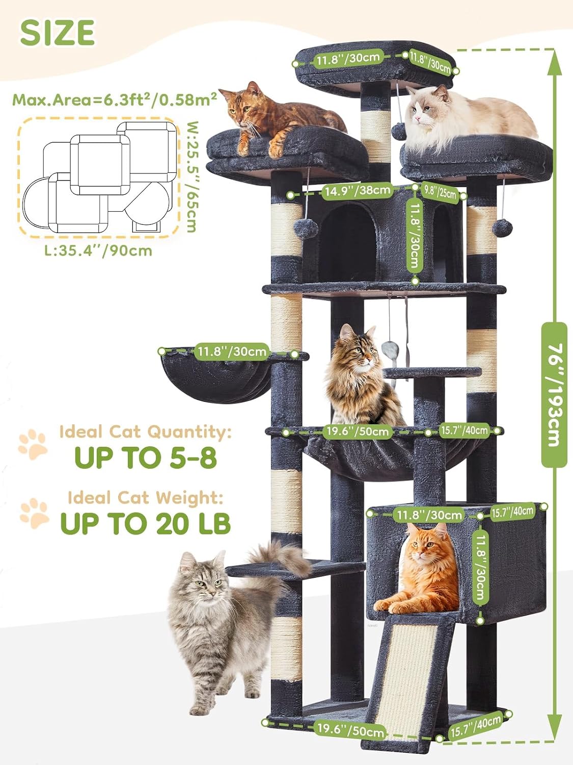 Detalle de Taoqimiao MS047G Cat Tree (193 cm) with 7 Sisal Scratching Posts, Multi-level Condos and Metal Hammock