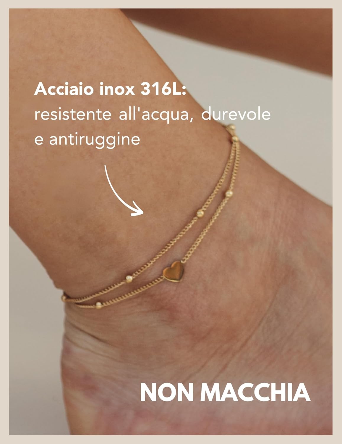 Detalle de Cavigliera cuore da donna GD GOOD.designs, impermeabile e regolabile (22–27 cm) in acciaio 316L placcato