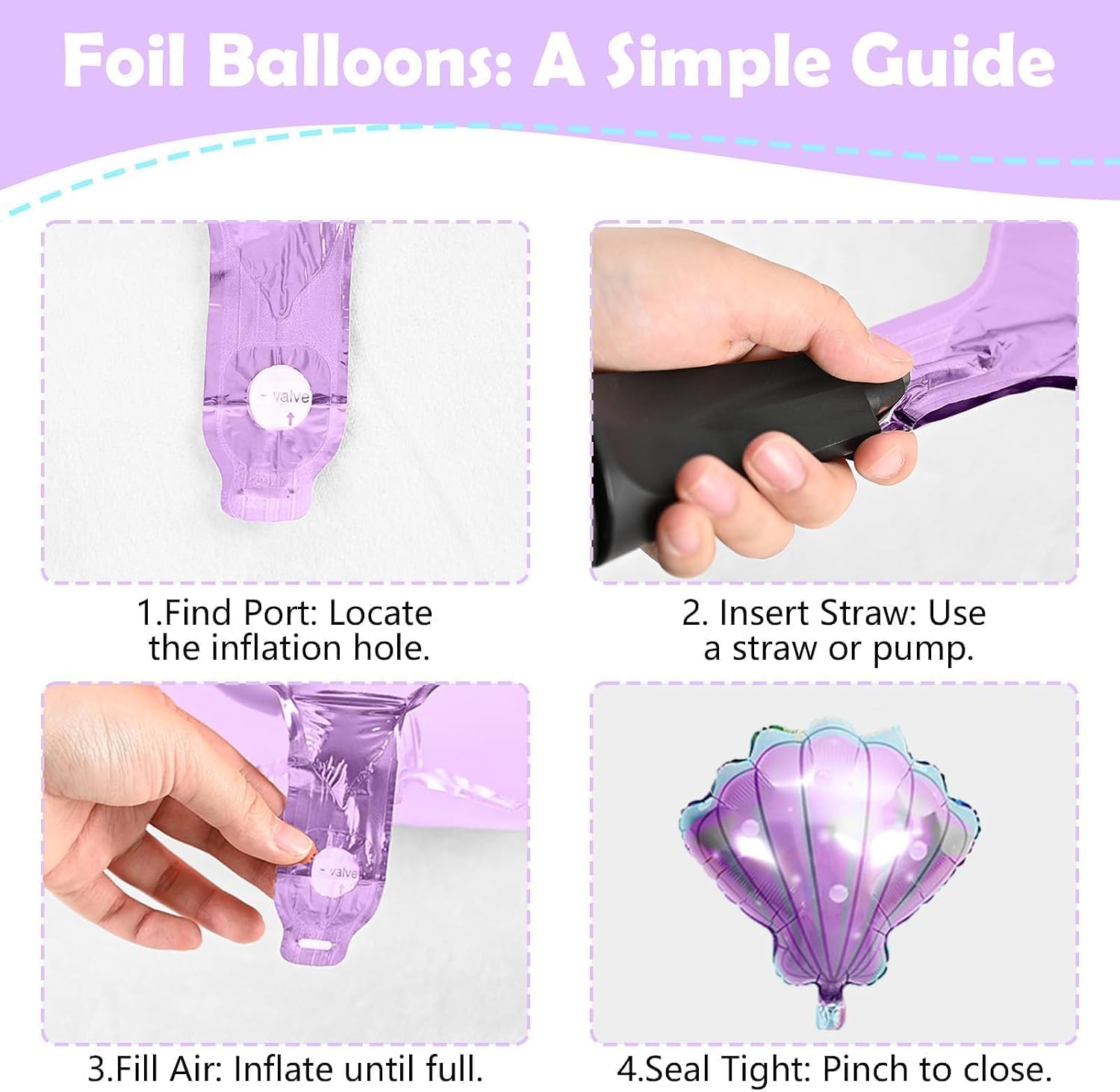 Detalle de Mermaid Balloons Macaron Pink Purple Green Metallic Set with Seashell Foil Balloons for Ocean-Themed Girl Parties