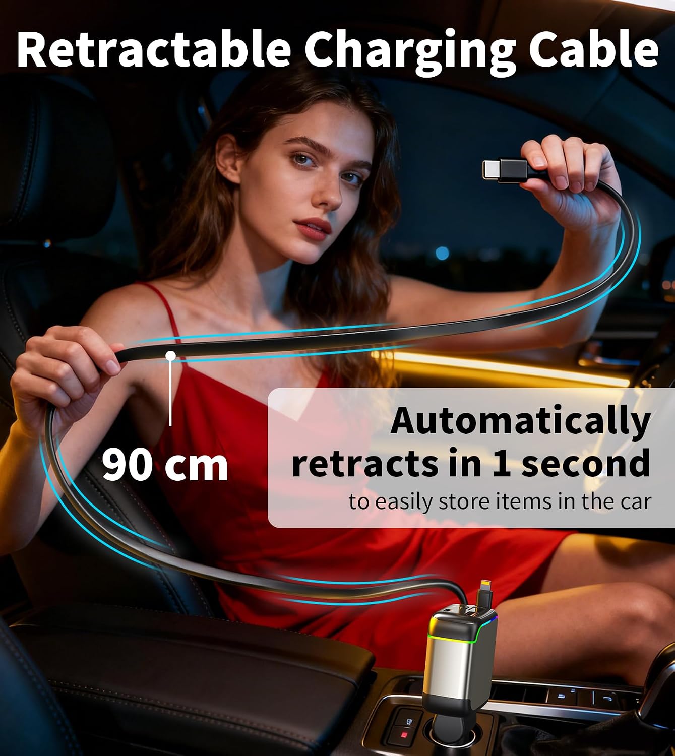 Detalle de XXZU 137W Retractable Car Charger 4‑in‑1