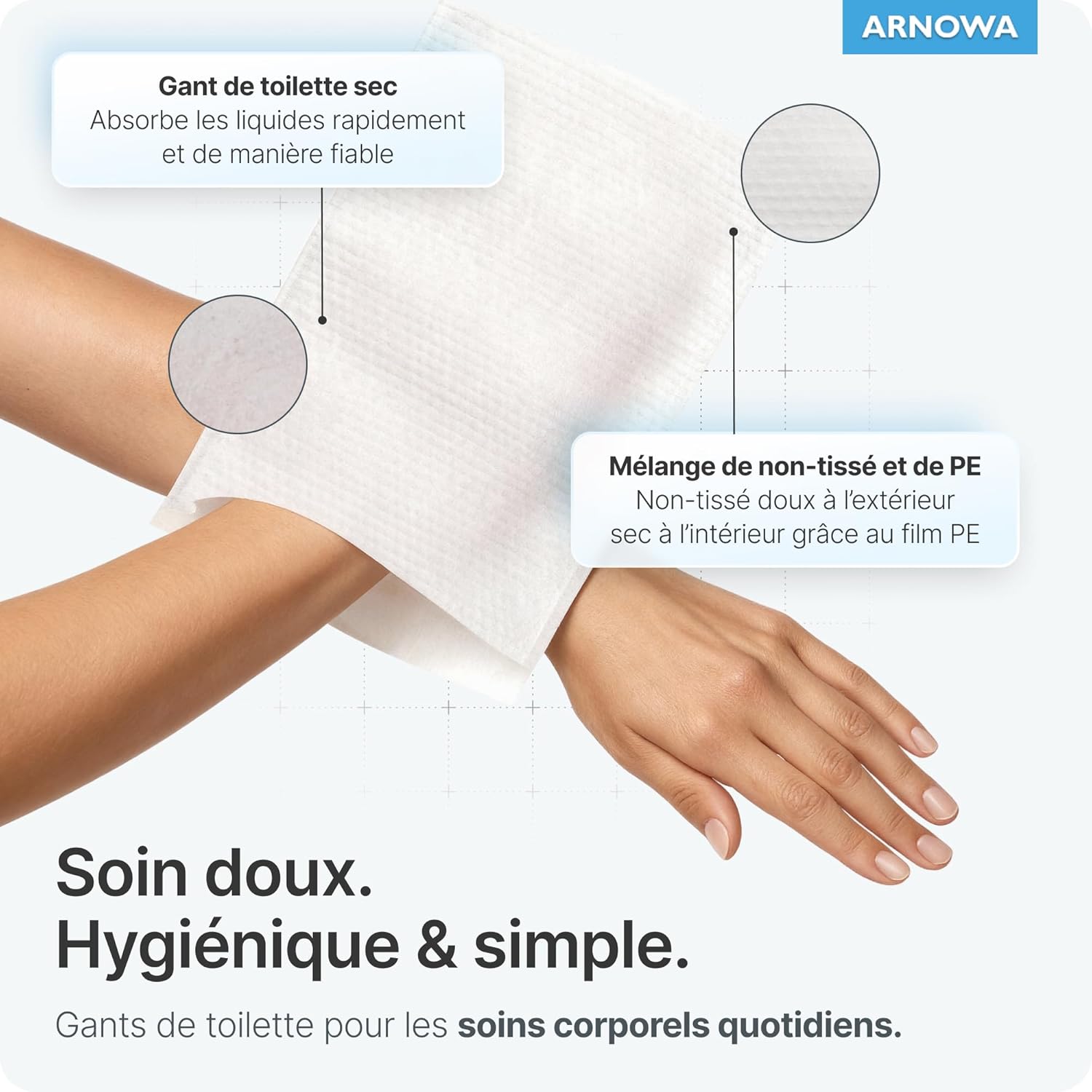 Detalle de 50x ARNOMED gant de toilette jetable hydrofuge (molleton non-tissé & PE), pour adultes, enfants et bébés