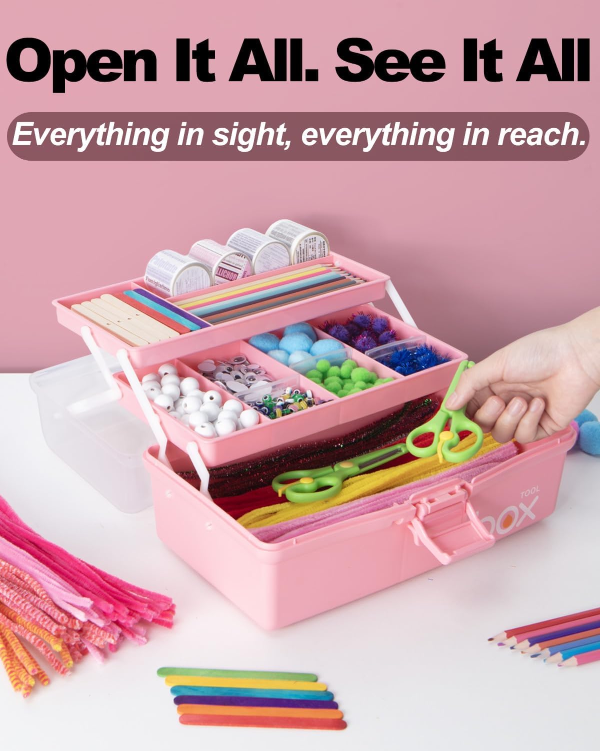 Detalle 1 de TERGOO 3 trays box 12-Inch Folding Craft Organizer, 3 Layers, Pink