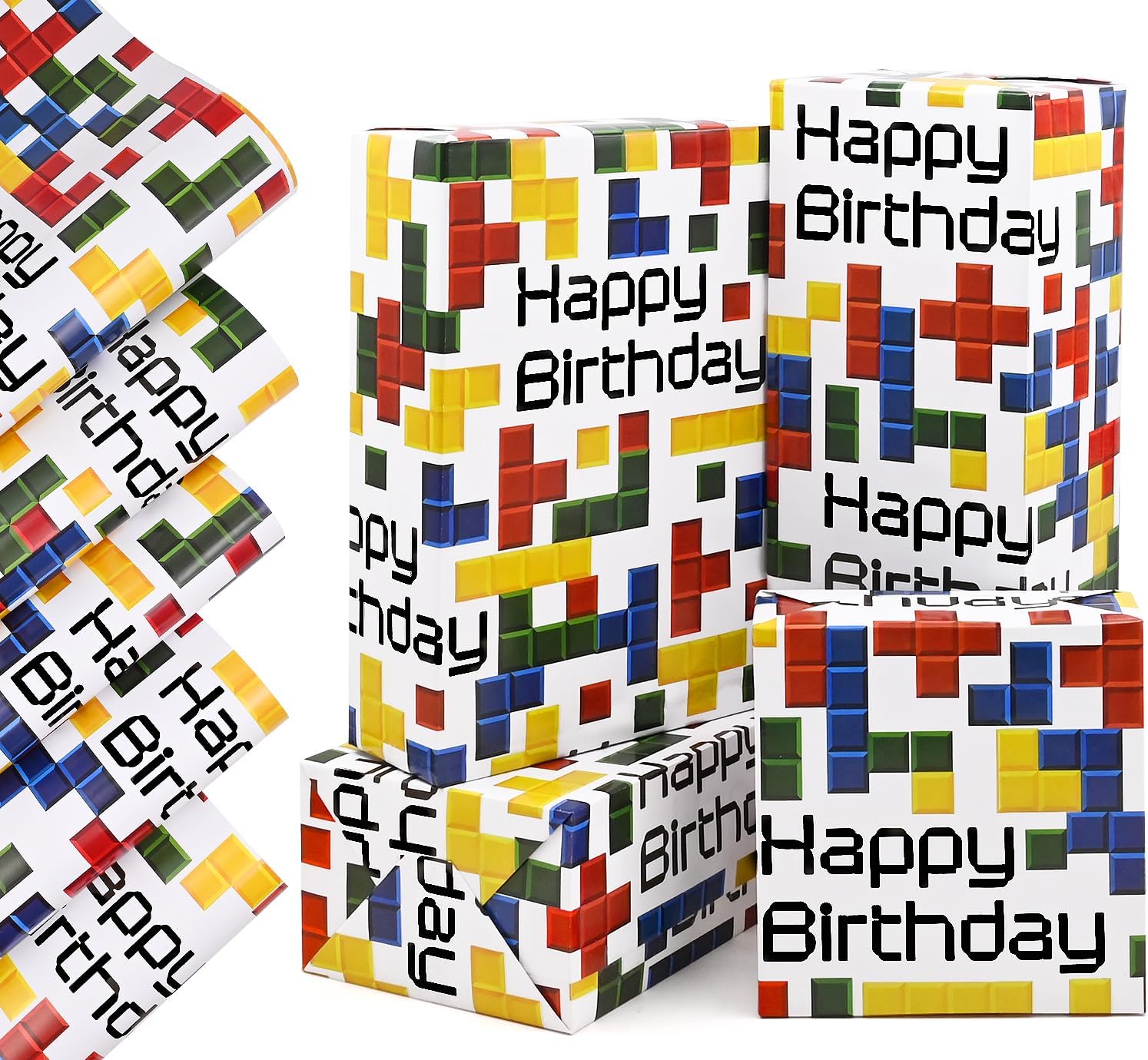 5pcs Birthday Paper Sheets with Colourful Tetris by QRTDXP — Eco Friendly Gift Wrap, 50 x 70 cm