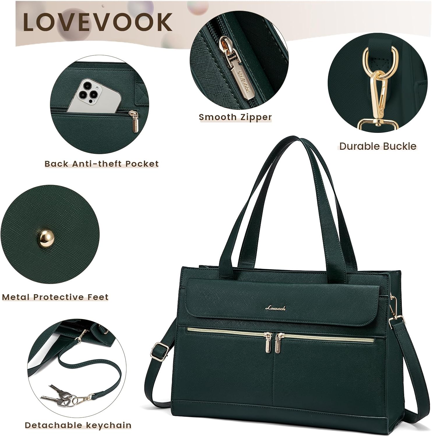 Detalle de LOVEVOOK Laptop Tote Bags for Women (15.6 inch) with Laptop Compartment, Green PU Leather Office Shoulder Bag