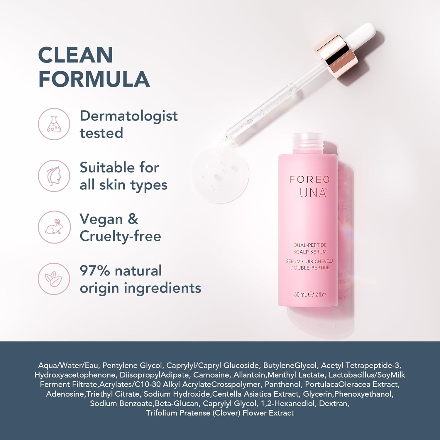 Detalle 2 de FOREO LUNA Dual-Peptid-Kopfhautserum (60 ml) – Haarwachstumsserum mit Peptidkomplex, Cica & Portulak