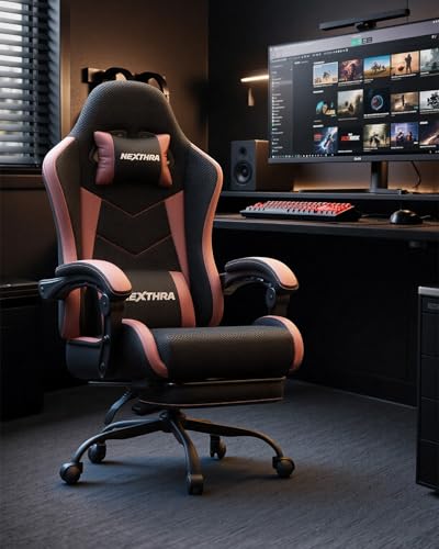 Detalle 2 de Nexthra Gaming Stuhl – ergonomischer Bürostuhl mit höhenverstellbaren Linkage-Armlehnen, Lendenkissen und Fußstütze – Rosa