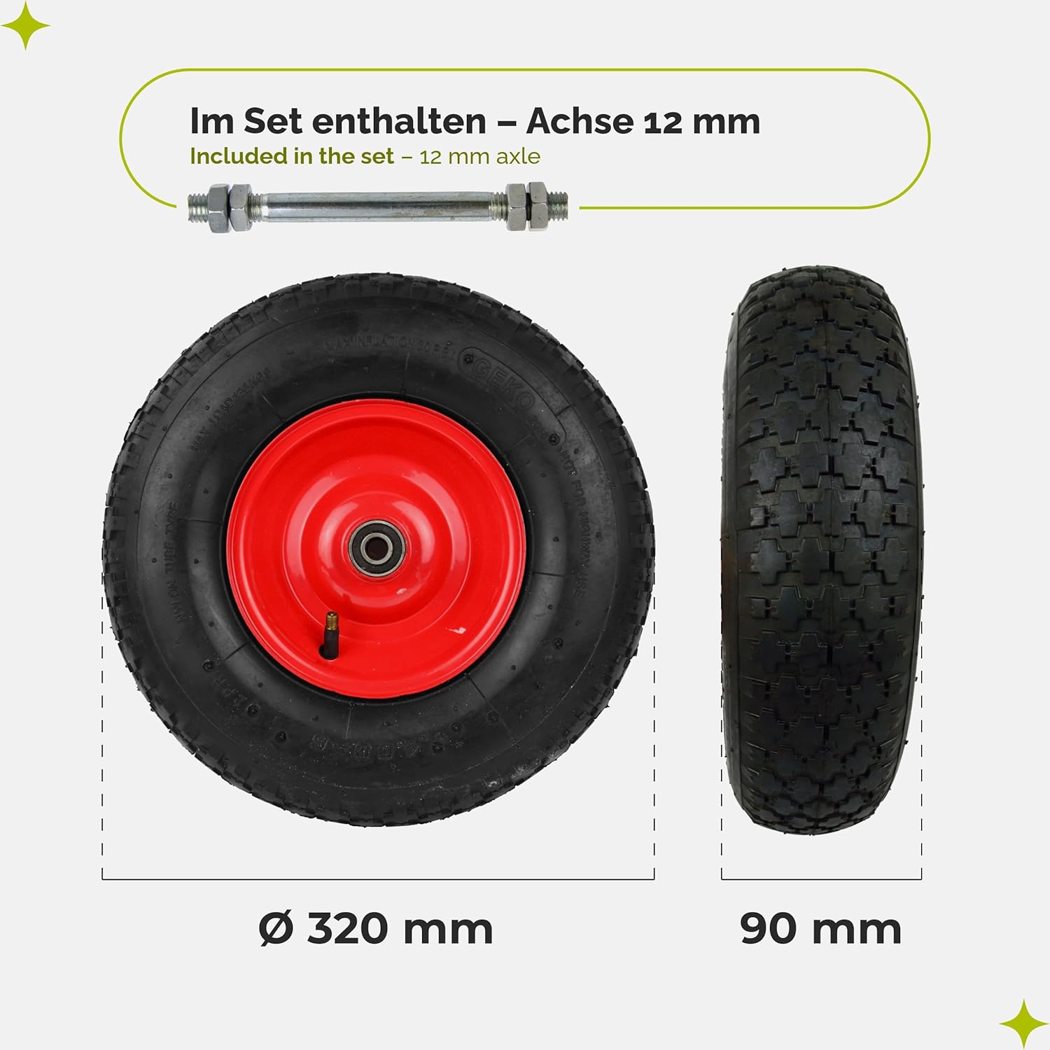 Detalle 2 de Garronda Ersatzrad Schubkarre 4.00-6 Ø320 mm – Luftreifen, Stahlfelge, Kugellager, Achse, AV, 136 kg Tragkraft