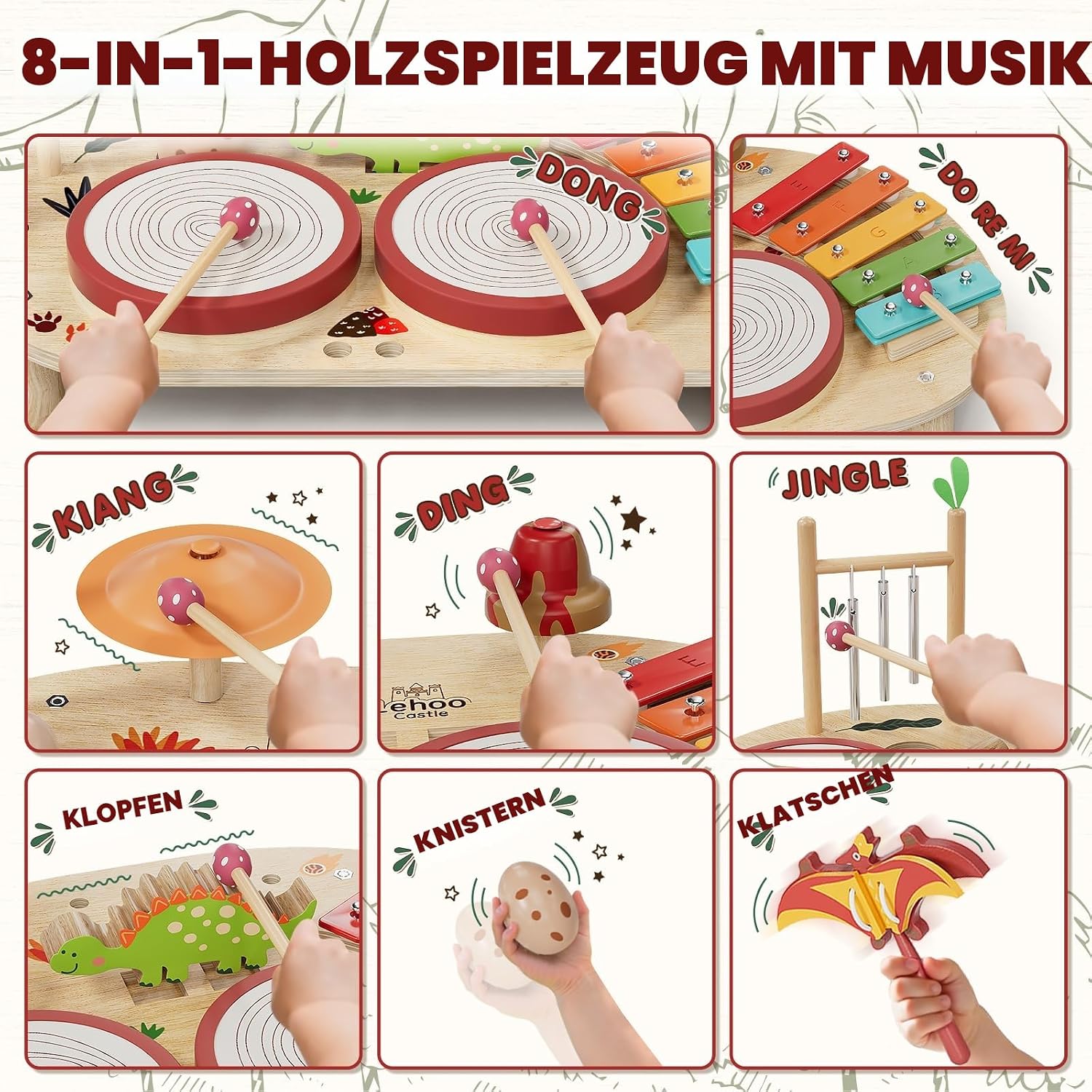 Detalle de Lehoo Castle 8‑in‑1 Musikinstrumente Tisch für Kleinkinder (1–3 Jahre) – Holz-Dinosaurier, Montessori‑Lernspielzeug