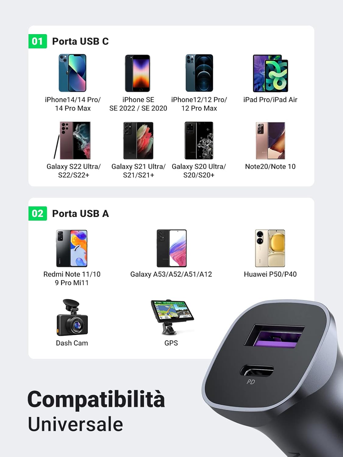 Thumbnail 5 de UGREEN Caricabatteria Auto 30W 2 Porte USB A/C