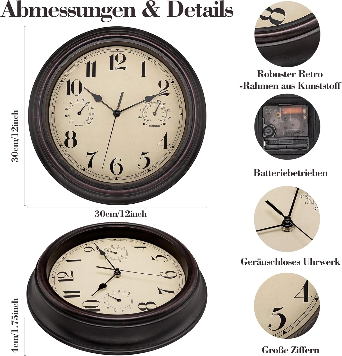 Detalle 2 de Foxtop 3 horloge murale imperméable wandklok, stil en weerbestendig, brons