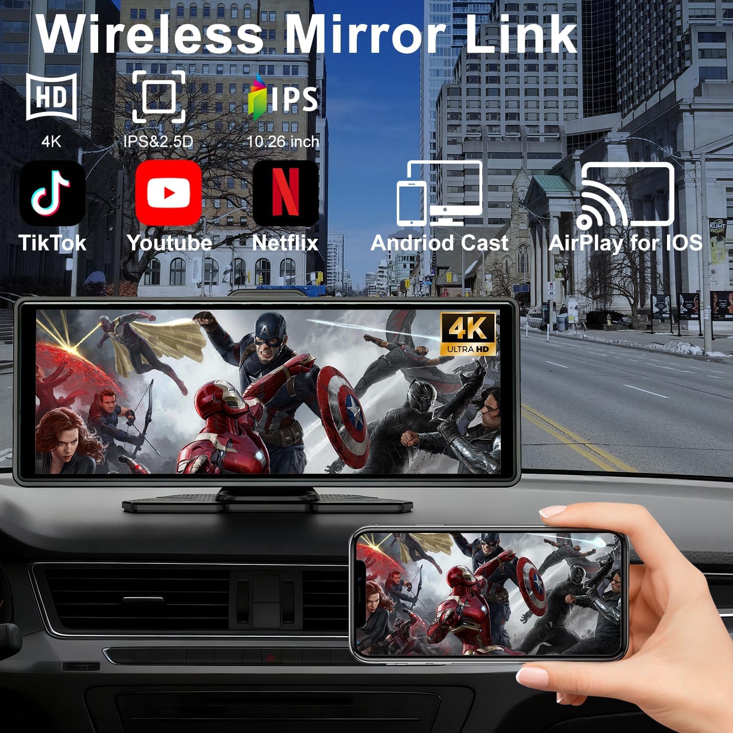 Thumbnail 5 de 10.26-Inch Wireless CarPlay Screen with 4K Dash Cam and Dual Camera System