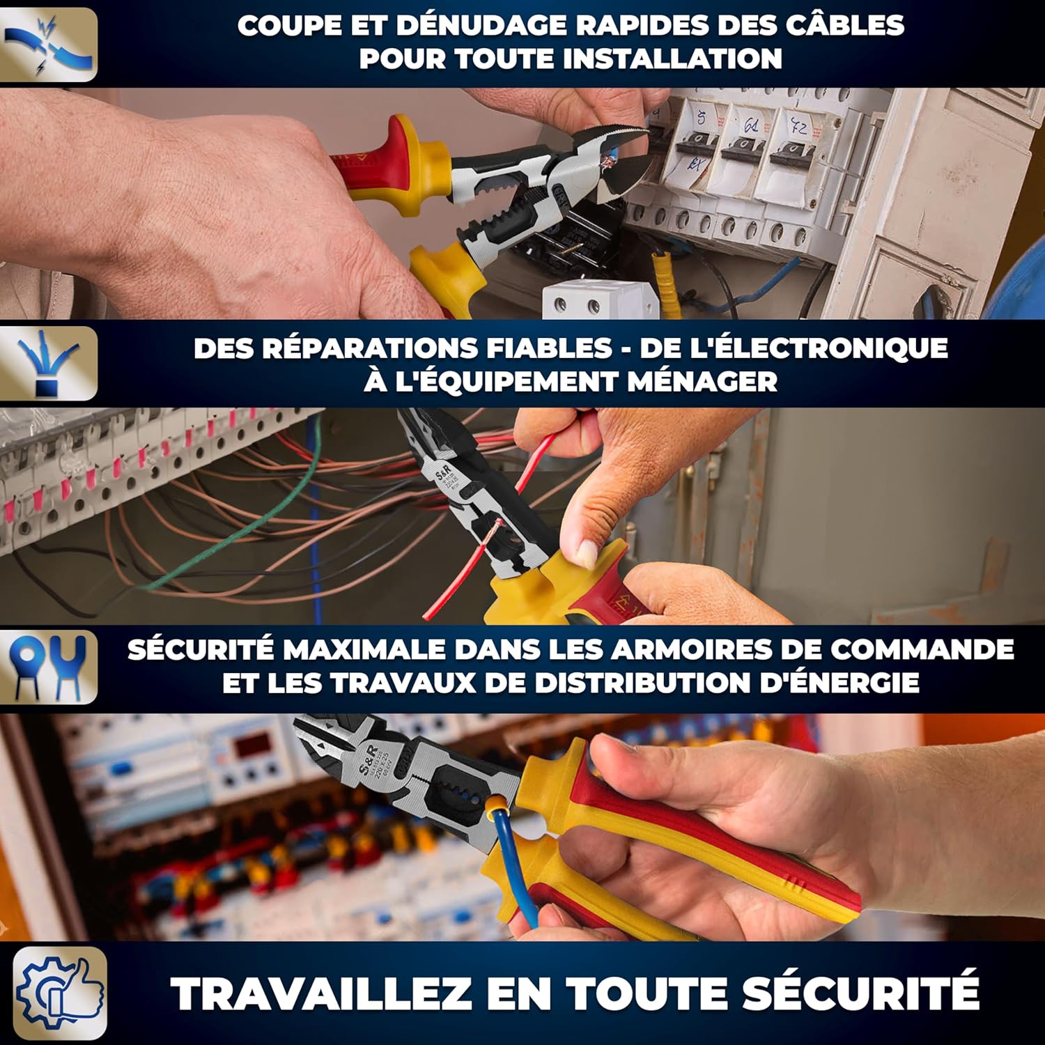 Detalle de S&R Pince d'Électricien Isolée VDE 1000V - Pince Coupante Diagonale Multifonction 220 mm