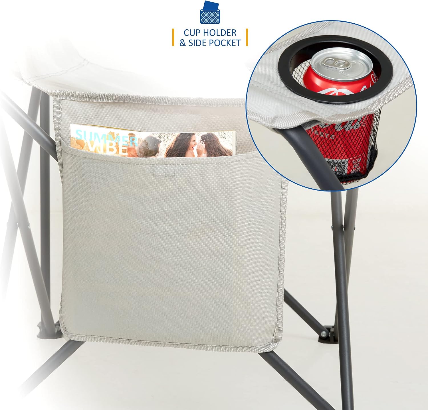 Detalle de SUNMER Folding Camping Chair (Extra Wide, Armrests & Cup Holder) – Light Grey, 120 kg capacity