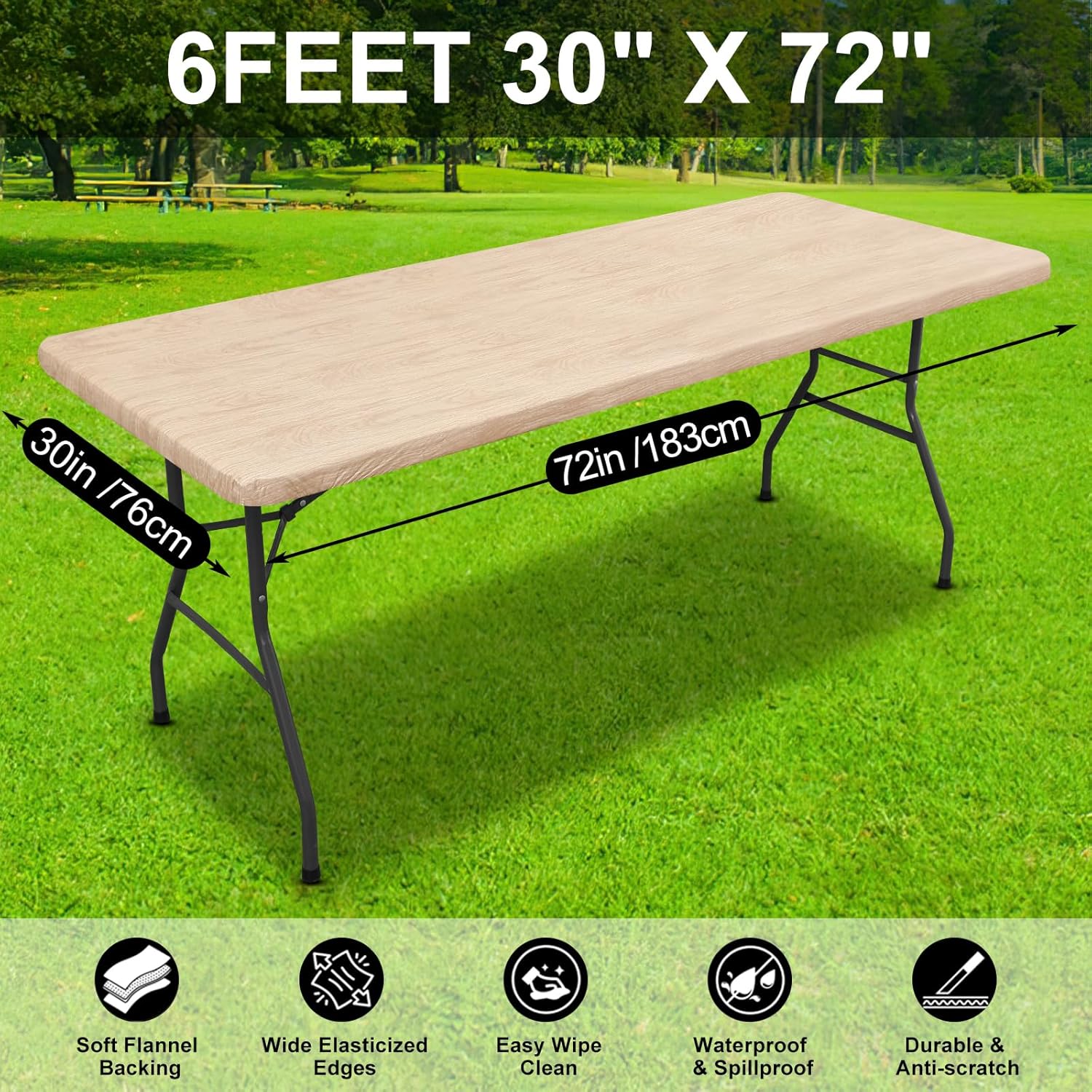 Thumbnail 5 de Smiry Rectangle Table Cloth Cover (Beige Wood) Waterproof Elastic Fitted Vinyl for 6-Foot Tables, 30" x 72