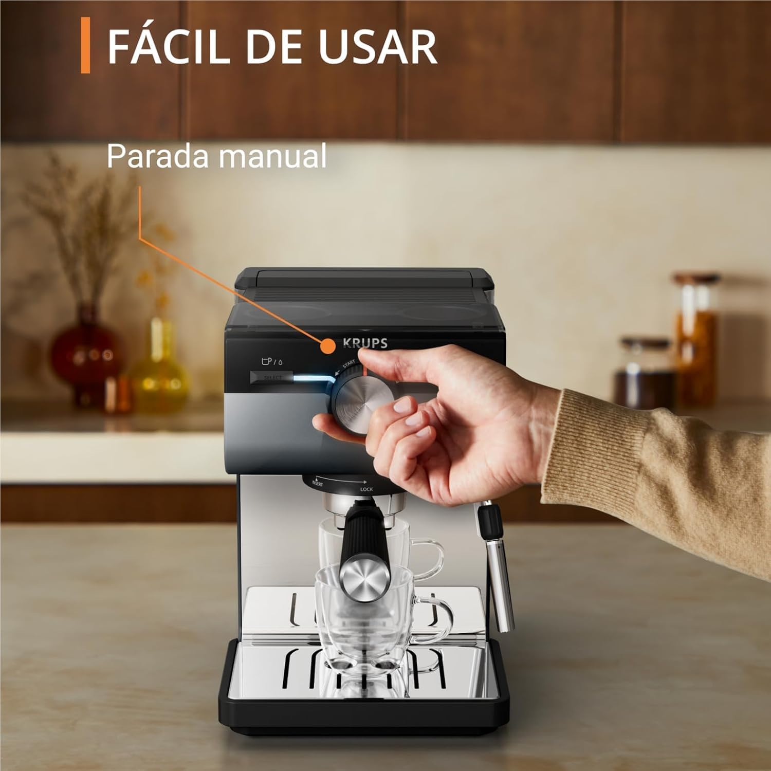 Detalle de Krups XP384G Cafetera Espresso Manual ☕️, 15 bares, 2L