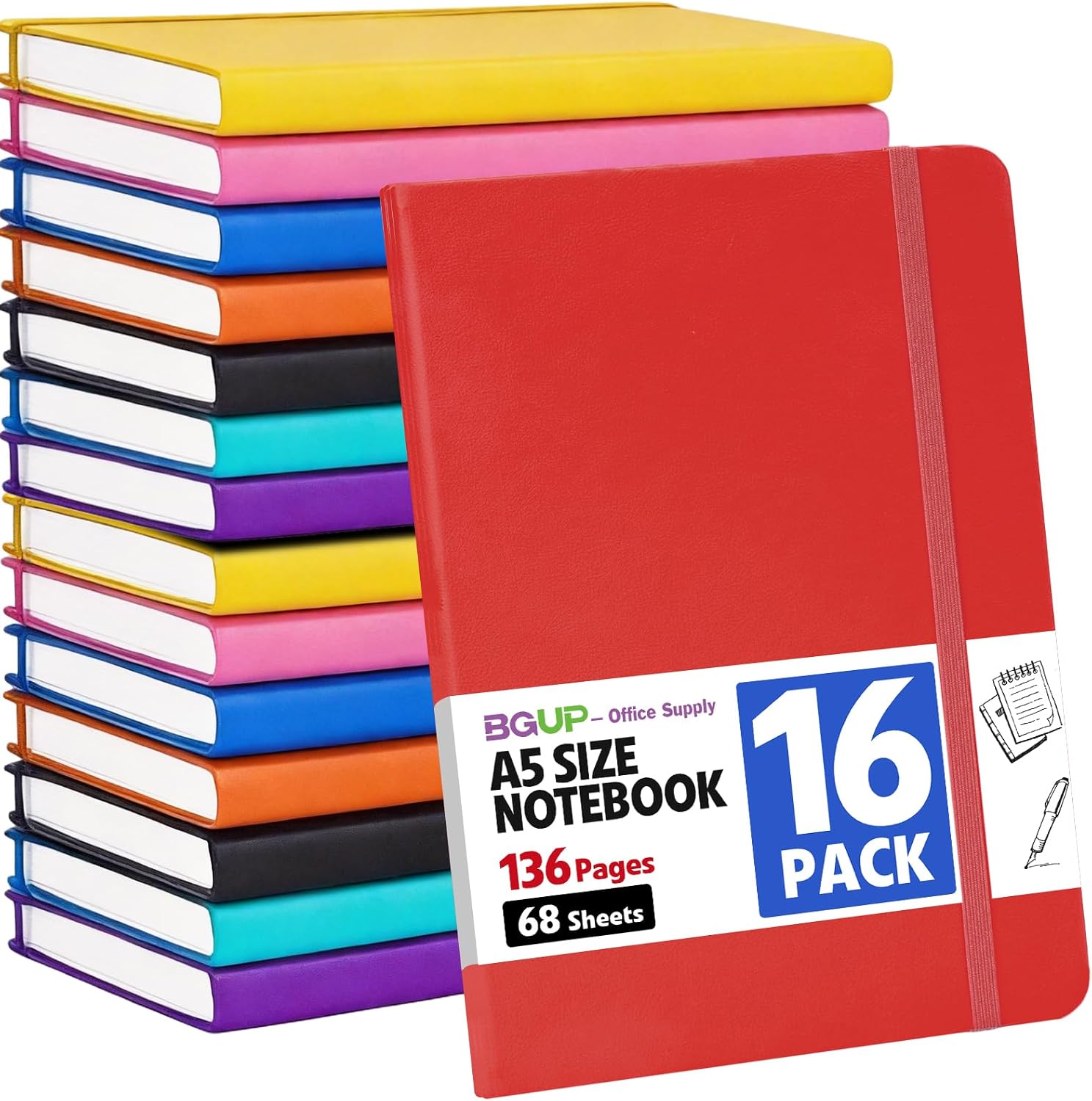 Detalle de BGUP 16-Pack A5 Hardcover Lined Notebooks, 136 Pages, 8 Colors
