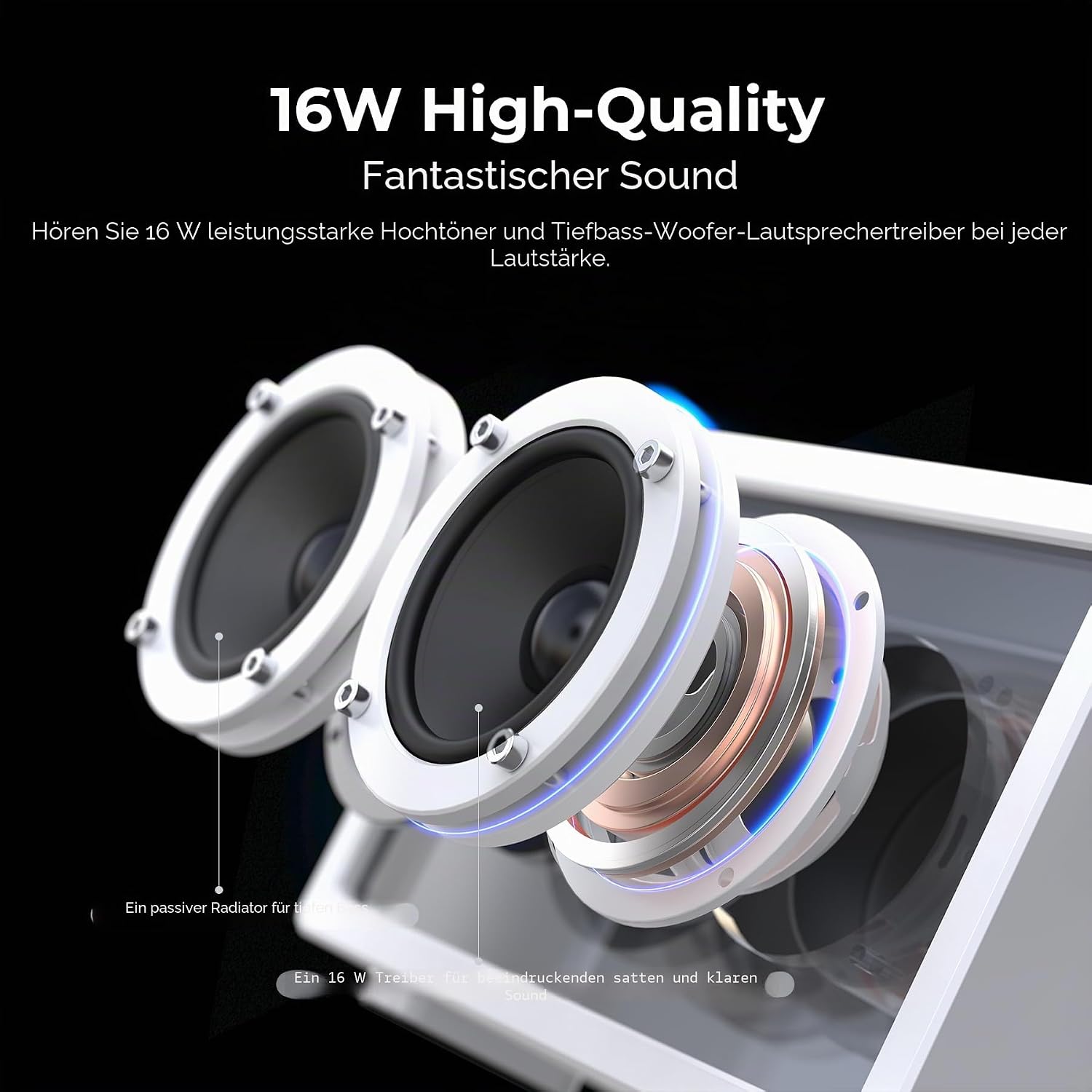 Detalle de JAYINE Tragbarer Bluetooth-Lautsprecher 16 W (Bluetooth 5.3, AUX 3,5 mm) – minimalistisch in Weiß