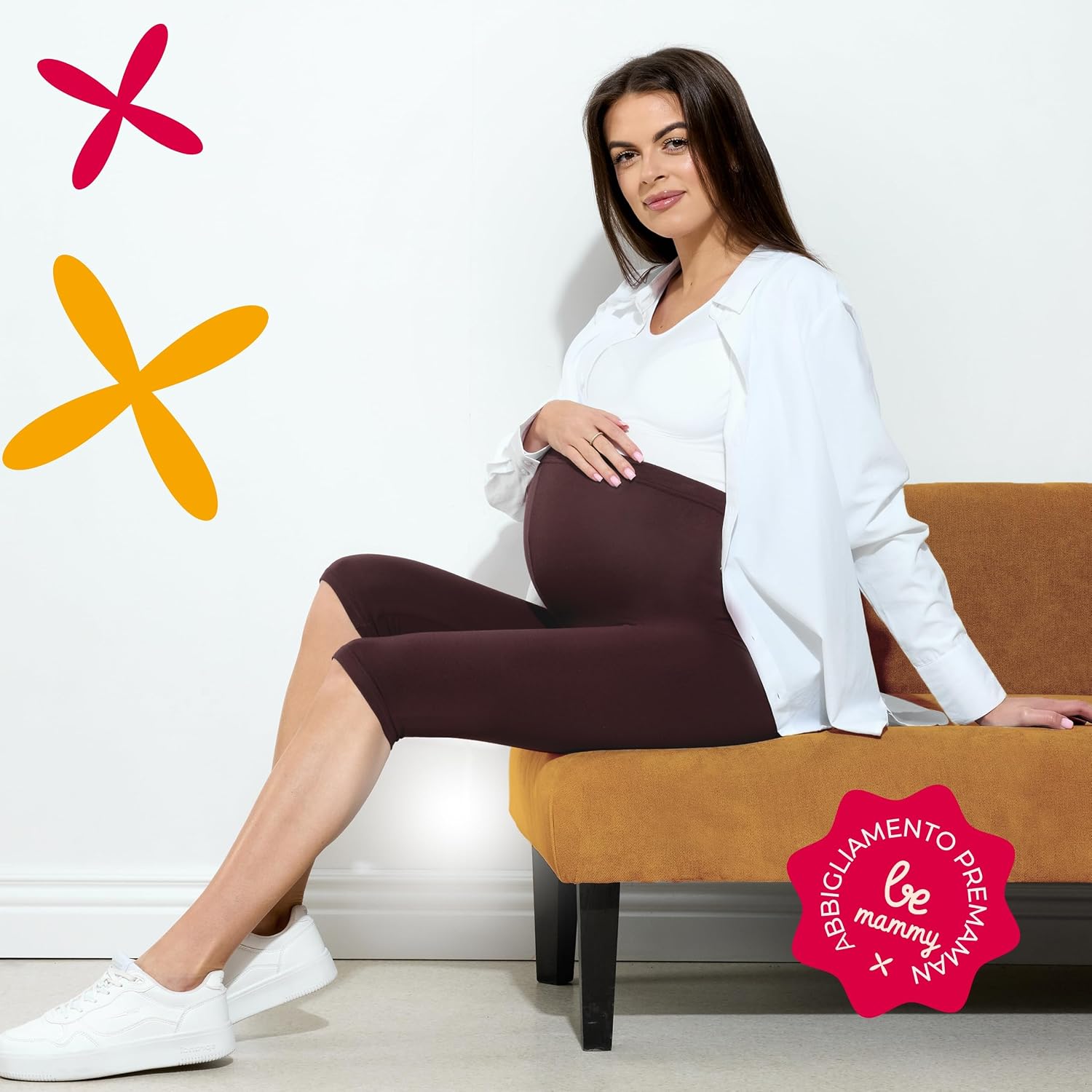 Detalle de Be Mammy Leggings premaman 3/4 BE20-229 a vita alta in cotone