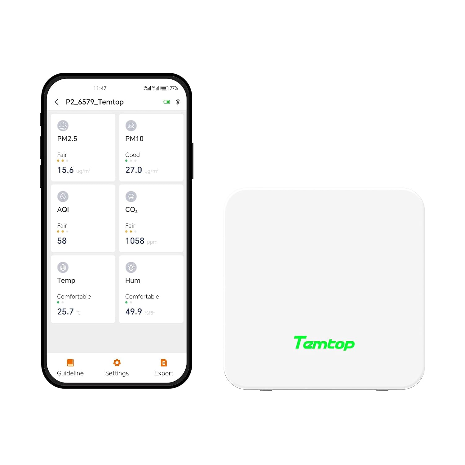 Detalle de Temtop P2 luchtkwaliteitsmonitor voor PM2.5, PM10, CO₂ en luchtvochtigheid