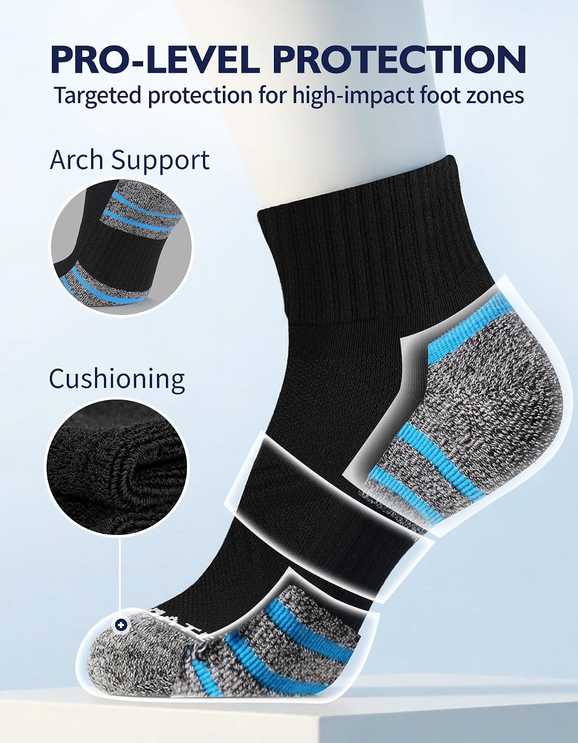 Thumbnail 2 de CLOSEMATE DT07 Men’s Cushioned Quarter Ankle Sports Socks, 6 Pairs