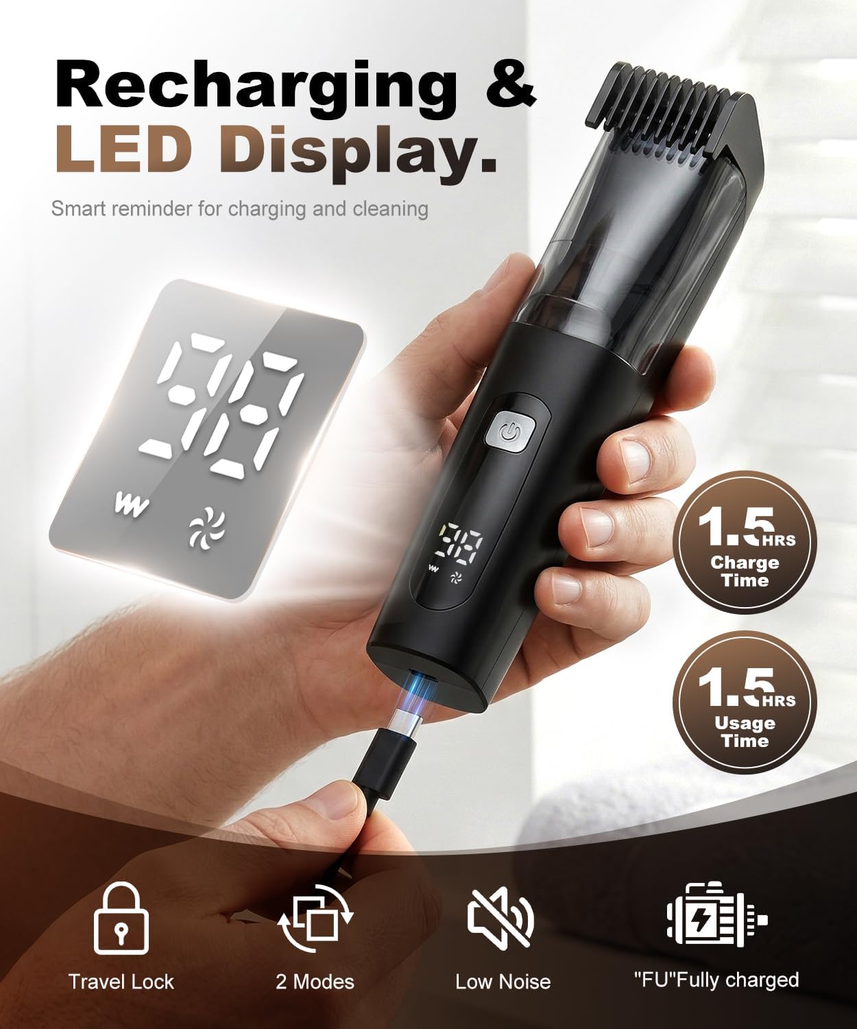 Thumbnail 6 de TEPOTZ Vacuum Beard Trimmer for Men — No Mess, 40 Length Settings, Ceramic Blade, USB-C