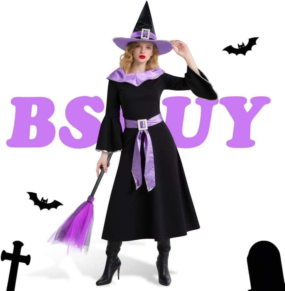 Thumbnail 6 de BSBUY Hexenkostüm Damen 5-teilig (Schwarz/Lila) mit Kleid, Hut, Gürtel, Zauberbesen & Tattoo-Aufklebern