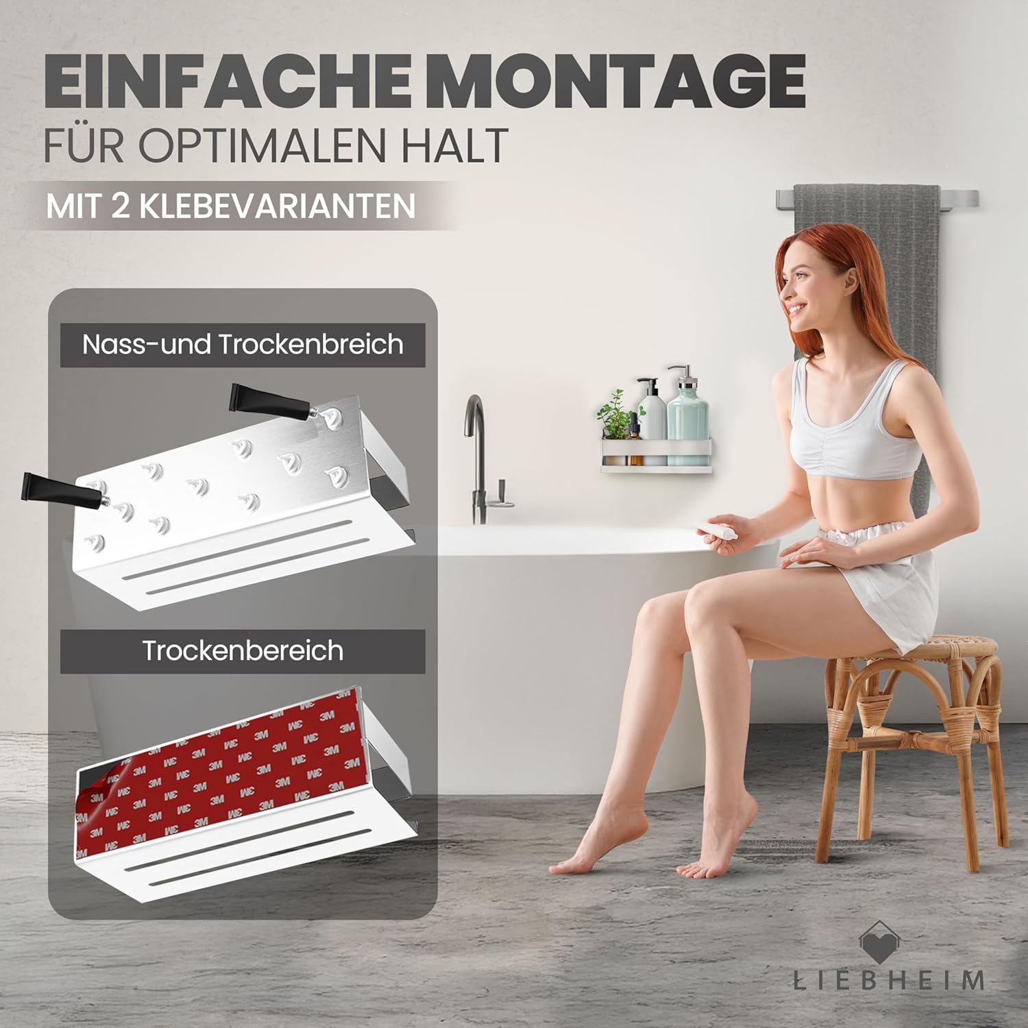 Thumbnail 4 de LIEBHEIM Duschablage ohne Bohren (Badregal/Duschregal) silber gebürstet – Organizer für Dusche