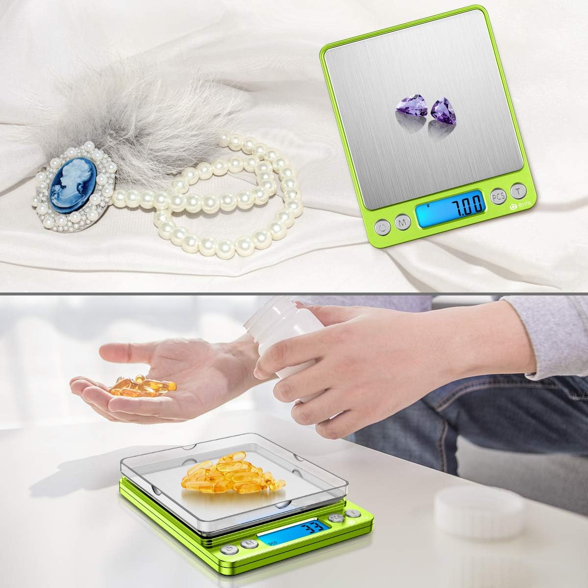 Thumbnail 1 de AMIR Digitale Taschenwaage 500 g × 0,01 g – Feinwaage mit LCD, 6 Einheiten, PCS-Zählung, Tara-Funktion, 2 Ablagen, grün