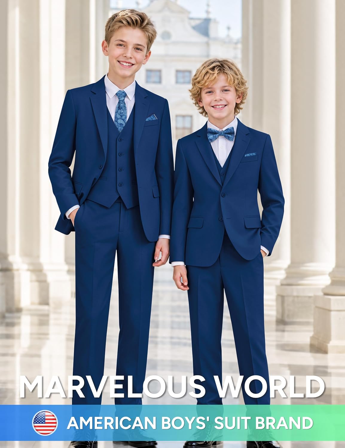 Detalle de Marvelous World Boys’ Slim-Fit Suit Set with Adjustable Waist, Vest and Bow Tie