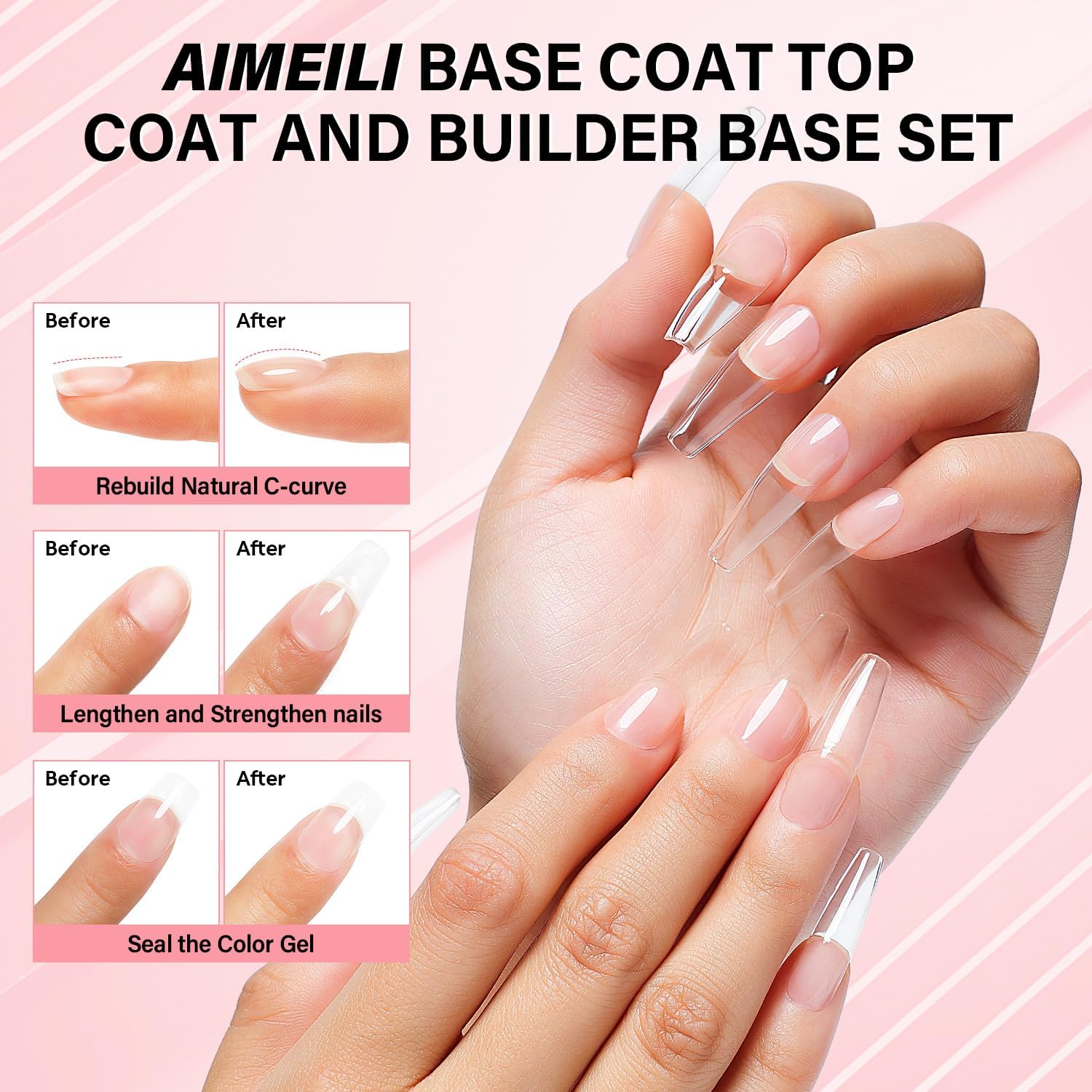 Detalle de AIMEILI Base Coat, Top Coat No Wipe e 7 in 1 Clear Builder Base Gel Kit – manicure semipermanente inGel UV/LED da 3x10ml