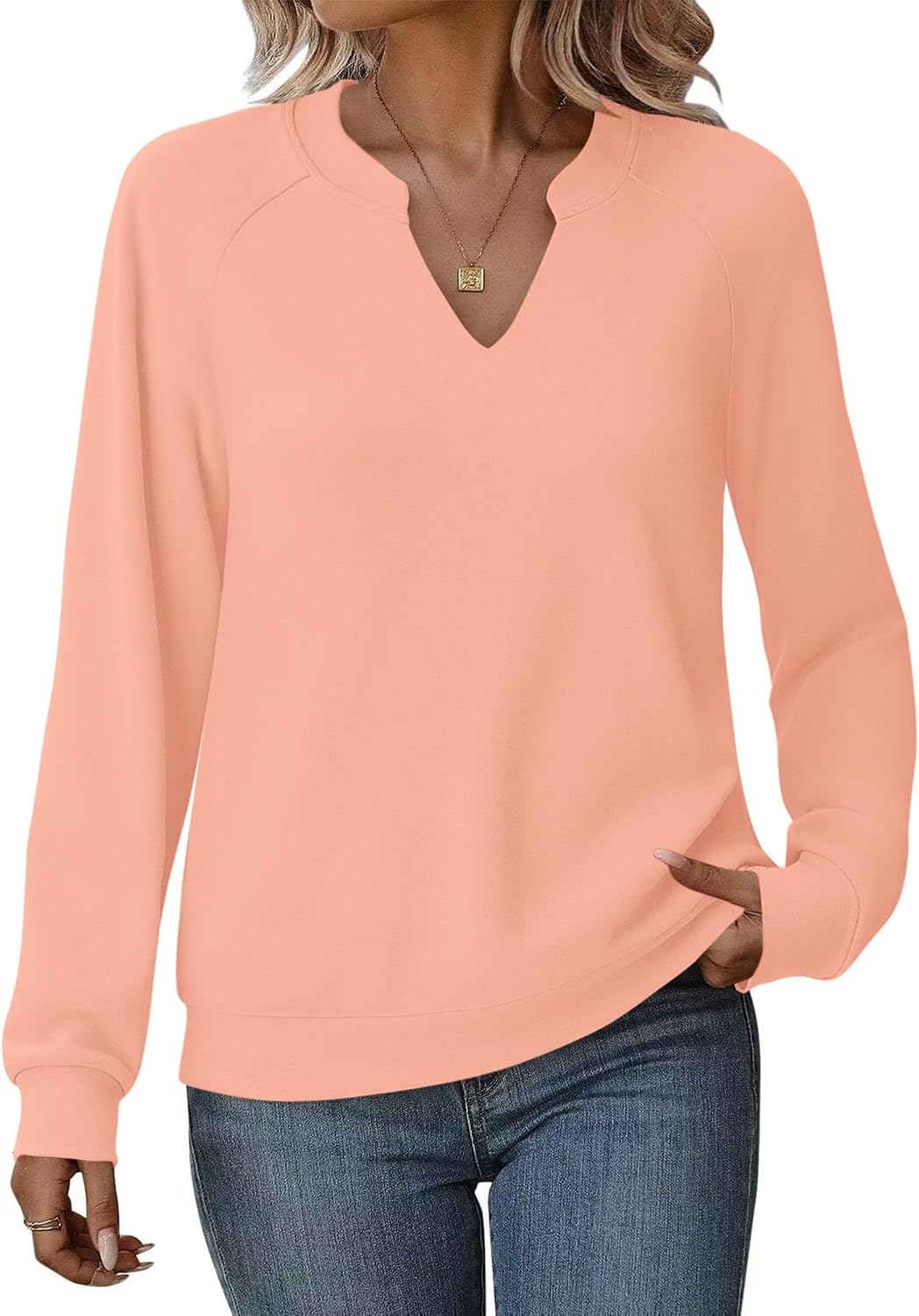 Detalle de MISFAY Women's V-Neck Sweatshirt, Lightweight Tunic-Length Pullover