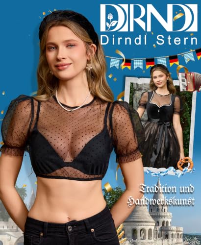 Detalle 2 de DIRNDLSTERN Dirndlbluse Damen Schwarz – Transparente Punkten, Puffärmel, Kurzarm