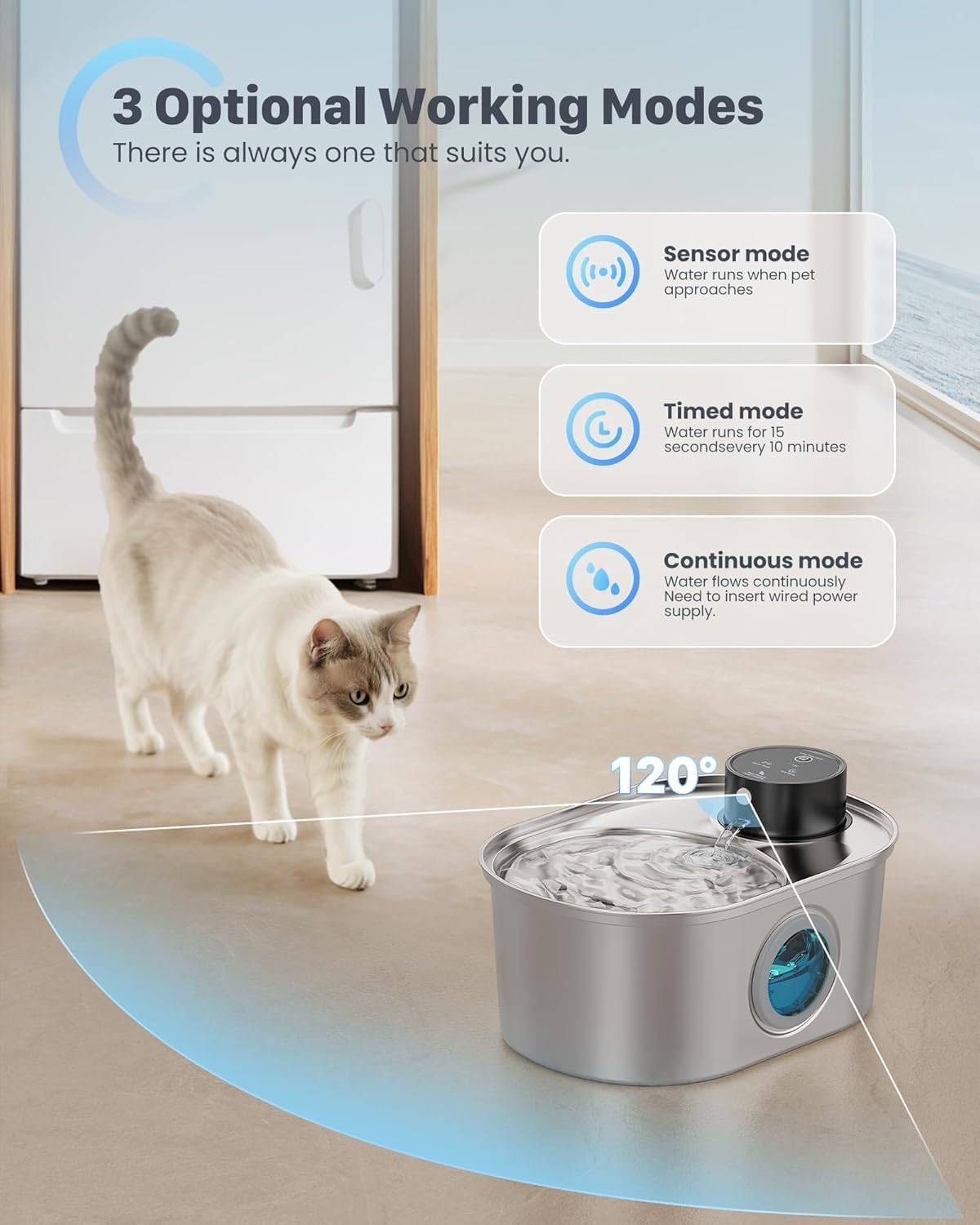 Detalle de Katzenbrunnen Kabellos Edelstahl – Trinkbrunnen für Katze, 3,2 l, BPA-frei, leise Wasserpumpe, 1 Filter