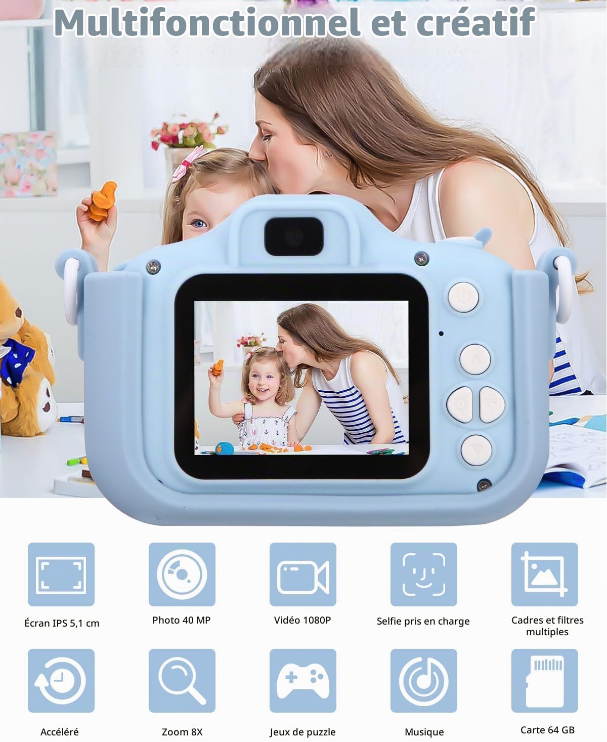 Detalle 2 de Azyvum kindercamera met 1080p-video, dubbele lens en 64 GB-kaart