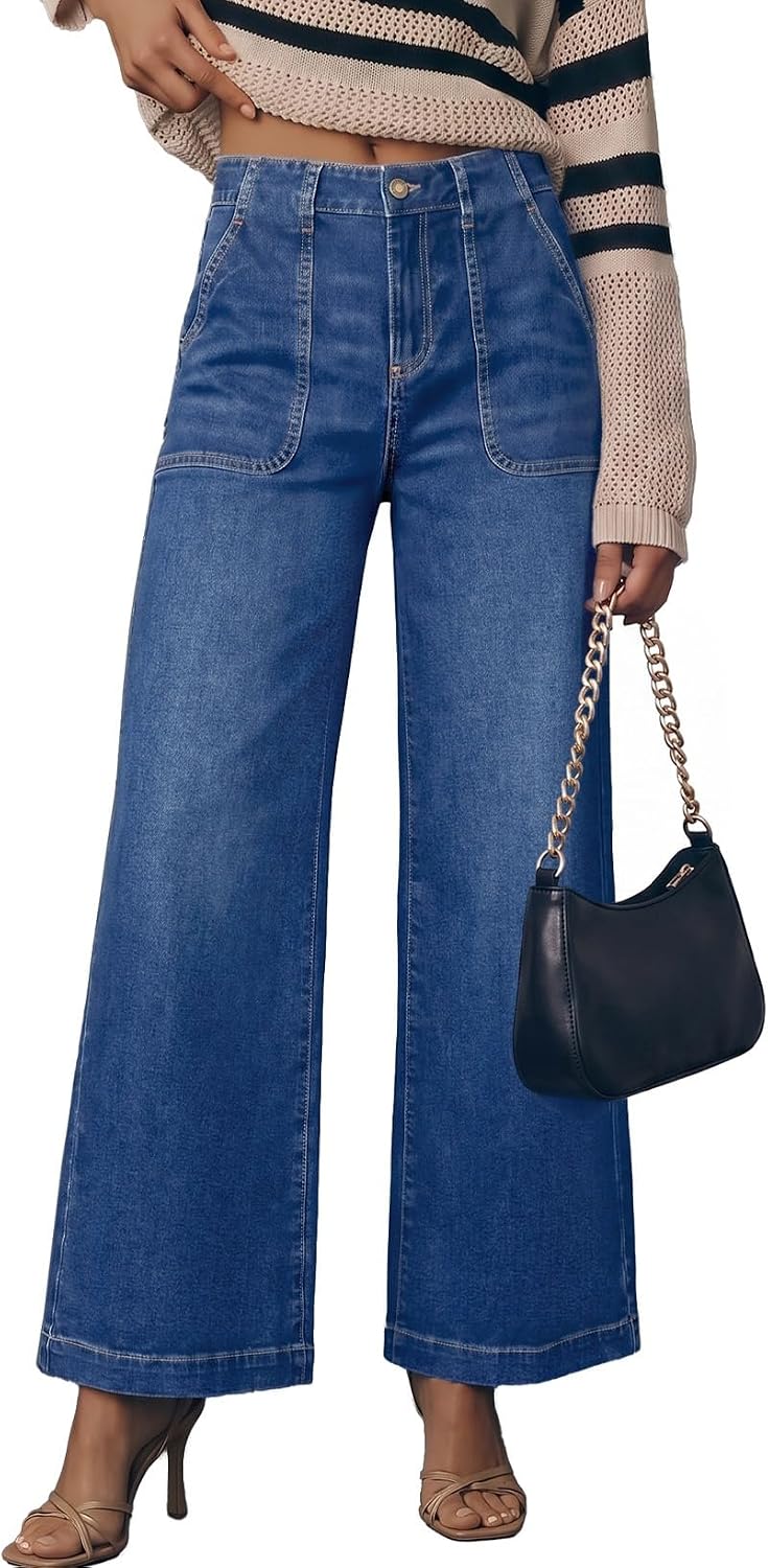 Detalle de Sidefeel Women's Wide-Leg Jeans, High-Rise Stretch Denim with Front Pockets
