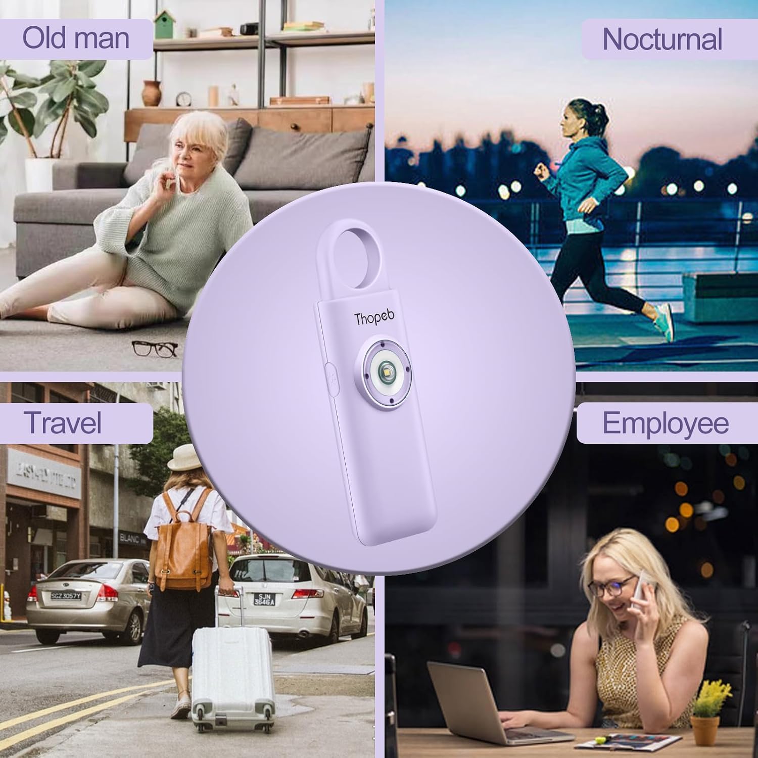 Detalle de Der Original Persönlicher Alarm für Frauen – Schlüsselanhänger mit Sirene, 130 dB, LED-Stroboskop (lila)