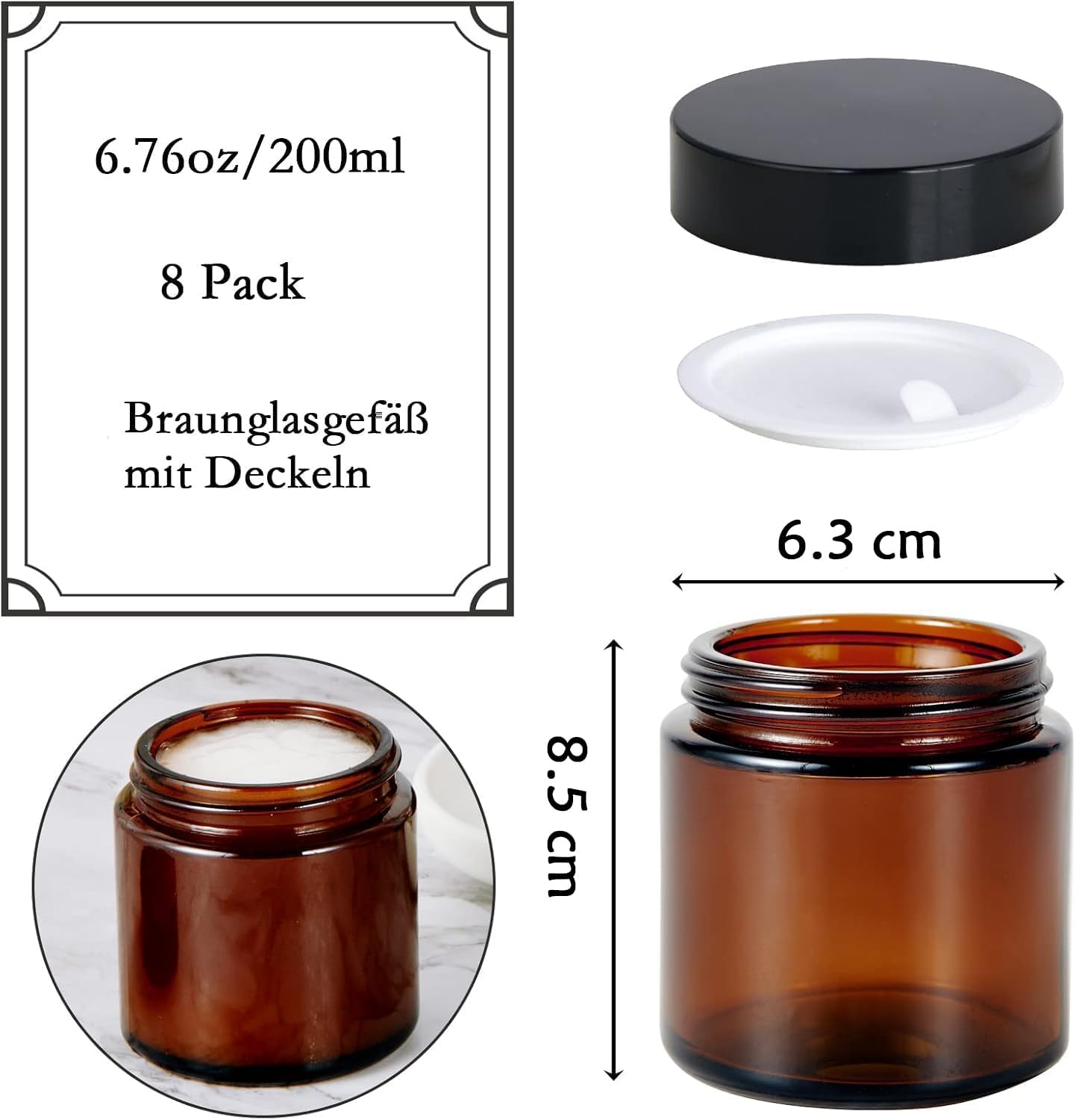 Detalle 2 de Amber Glass Jars 200ml Pack 8