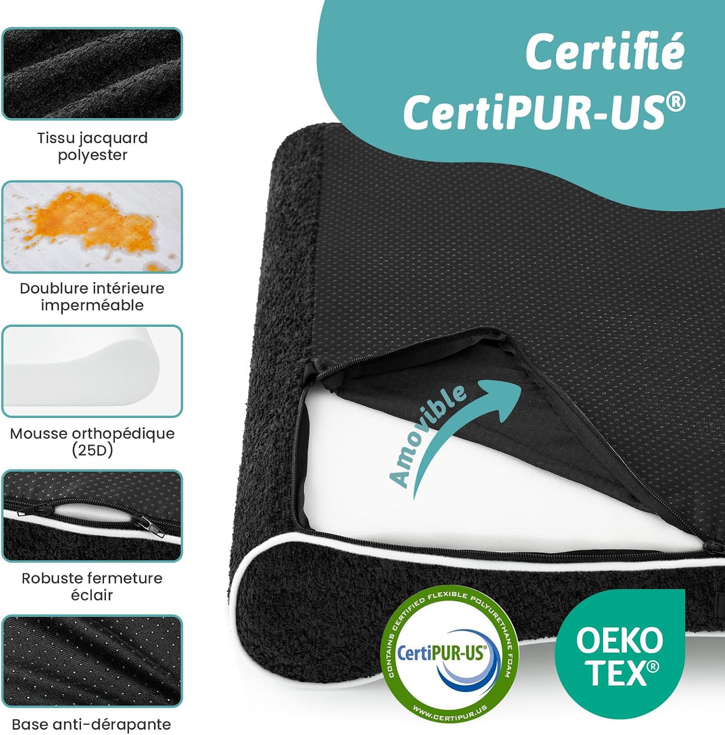 Detalle de COZY KISS Panier Chien XL orthopédique 130x90x20 cm avec coussin lavable – noir